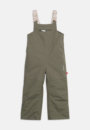 Calças impermeáveis com pala para crianças em verde-oliva com alças estampadas ajustáveis e bolso frontal com fecho de correr.