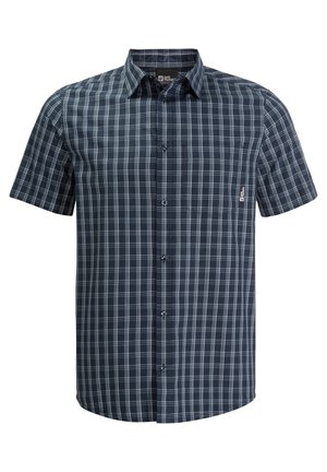 Korte mouwen, knoopsluiting overhemd met een marineblauw en wit geruit patroon. Voorzien van een borstzak en een kraag, gemaakt van een lichtgewicht stof.