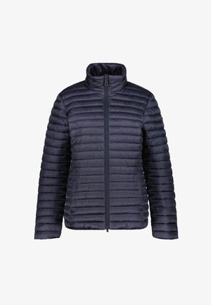 Navy blue lightweight puffer jacket with horizontal quilting, full front zipper, and high collar.