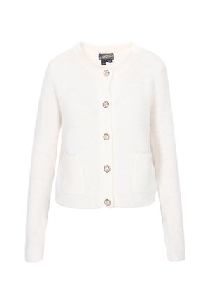 Weißer Strickcardigan mit langen Ärmeln, rundem Ausschnitt, fünf dekorativen Knöpfen und zwei aufgesetzten Taschen vorne.