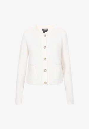 Biały wełniany kardigan z długimi rękawami, okrągłym dekoltem, pięcioma zdobnymi guzikami i dwiema przednimi kieszeniami naszytymi.