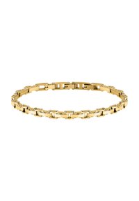 Bracciale in metallo dorato caratterizzato da anelli intrecciati con accentuazioni arrotondate. La superficie liscia e la finitura lucida esaltano il suo design.