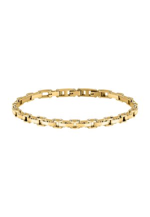 Bracciale in metallo dorato caratterizzato da anelli intrecciati con accentuazioni arrotondate. La superficie liscia e la finitura lucida esaltano il suo design.