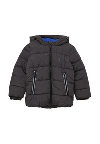 Gepolsterte Kinderjacke in dunkelgrau mit blaurem Innenfutter. Verfügt über eine Kapuze, einen Reißverschluss vorne und seitliche Taschen mit kontrastierendem Besatz.