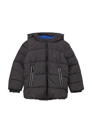 Gepolsterte Kinderjacke in dunkelgrau mit blaurem Innenfutter. Verfügt über eine Kapuze, einen Reißverschluss vorne und seitliche Taschen mit kontrastierendem Besatz.