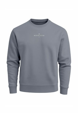 Gray sweatshirt with a crew neck, long sleeves, and ribbed cuffs. Features the word "NEVERLESS" in white on the front. Smooth texture.