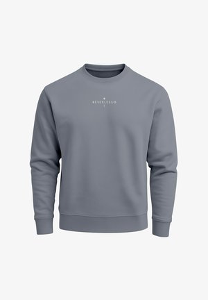 Gray sweatshirt with a crew neck, long sleeves, and ribbed cuffs. Features the word "NEVERLESS" in white on the front. Smooth texture.
