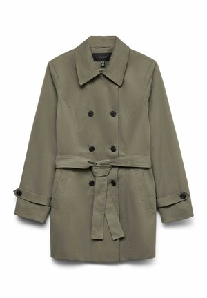 Olivengrønn trenchcoat med dobbeltspent design, svarte knapper, belte og åpne lommer. Laget av glatt, vevd stoff.