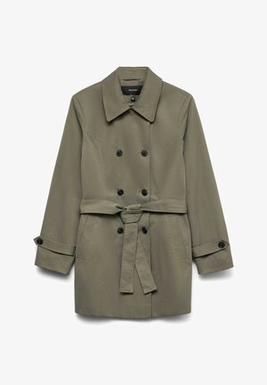 Olivengrønn trenchcoat med dobbeltspent design, svarte knapper, belte og åpne lommer. Laget av glatt, vevd stoff.