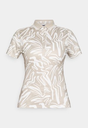 Beige polo shirt with white abstract swirl pattern. Features a classic collar, three-button placket, and short sleeves. Soft, smooth fabric.