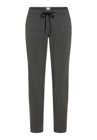 Pantalon gris texturé avec une taille élastique et un cordon de serrage. Coupe droite avec poches latérales et sans matériel visible.