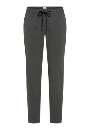 Grijze, gestreepte broek met een elastische tailleband en trekkoord. Rechte pasvorm met zijzakken en zonder zichtbare hardware.
