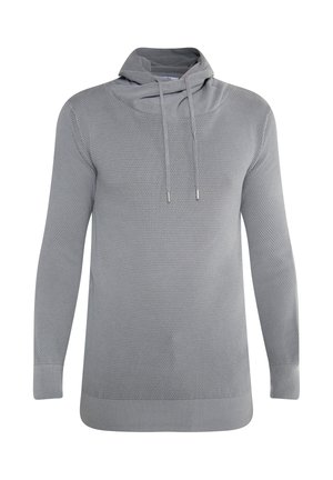 Grauer Kapuzenpullover mit langen Ärmeln, strukturiertem Strickmaterial und lockerer Passform. Verfügt über einen Schalkragen und Kordelzüge.