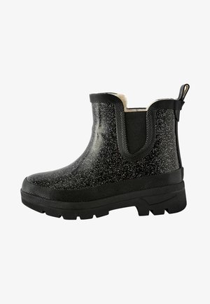 Schwarze Glitzer-Regenstiefel mit glatter Oberfläche, elastischen Seitenpaneelen und einer strukturierten Gummisohle. Verfügt über ein weiches Fellfutter und eine Zuglasche.