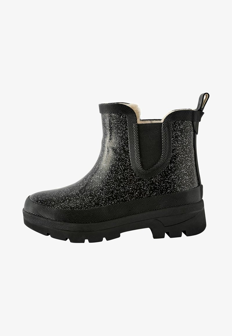 Stivale da pioggia nero con glitter, con una superficie liscia, pannelli elastici laterali e una suola in gomma texture. Presenta un morbido rivestimento in pelliccia e un pratico manico.