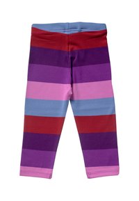 Gestreifte Leggings mit horizontalen Streifen in Rot, Lila, Pink und Blau, hergestellt aus weichem Baumwollmaterial mit elastischem Bund.