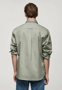 Lichtgroen button-up shirt met een relaxte pasvorm, lange opgerolde mouwen, een puntige kraag en een centrale plooien aan de achterkant; gemaakt van een gladde katoenen stof.