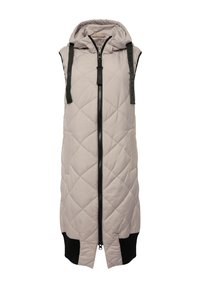 Jasnoszara, pikowana kamizelka puchowa bez rękawów z kapturem, z przednim zamkiem błyskawicznym oraz czarnymi, dzianinowymi akcentami na dolnym brzegu i ramionach.