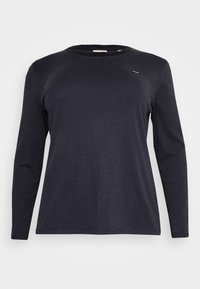 Pitkähihaine tummansininen raidallinen paita, jossa on pyöreä pääntie ja pehmeä rakenne. Vaatteessa on pieni logo rinnassa ja rento istuvuus.