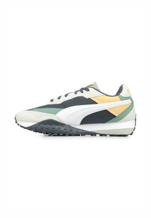 Sneaker mit einem strukturierten Obermaterial in Grau und Weiß, das grüne, blaue und gelbe Akzente aufweist. Runde Zehenpartie und Gummilaufsohle mit Grip.