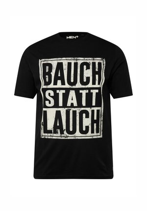T-shirt di cotone nera con testo bianco in grassetto che recita "BAUCH STATT LAUCH" in un design rettangolare invecchiato. Vestibilità standard, scollo rotondo.