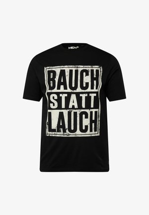 Schwarzes Baumwoll-T-Shirt mit fettem weißen Text "BAUCH STATT LAUCH" in einem abgenutzten rechteckigen Design. Standardpassform, Rundhalsausschnitt.