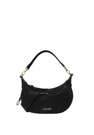 Borsa nera a forma semicurva, con pattern a logo impressi, hardware dorato e una tracolla staccabile per versatilità.