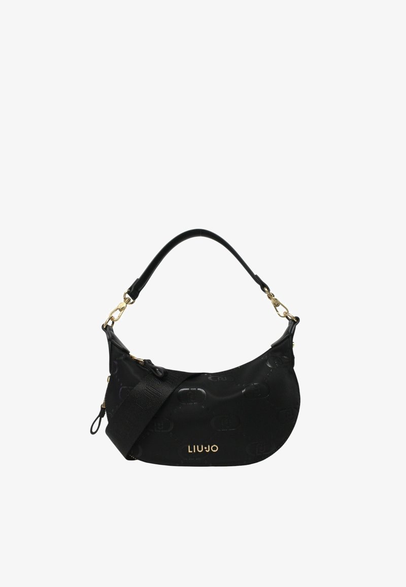 Borsa nera a forma semicurva, con pattern a logo impressi, hardware dorato e una tracolla staccabile per versatilità.