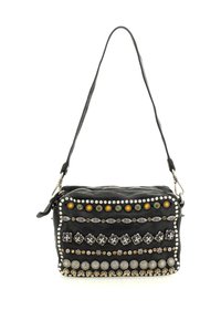 Borsa a tracolla in pelle nera con vari borchietti metallici, caratterizzata da una superficie testurizzata e motivi decorativi sulla parte anteriore.