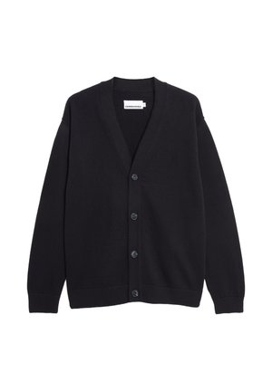 Cardigan nero realizzato in tessuto morbido, con scollo a V, maniche lunghe e sei bottoni di chiusura davanti. Vestibilità ampia con polsini a costine.