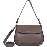 Sac à main en cuir brun texturé avec fermoir à rabat, bandoulière réglable et quincaillerie en ton doré. Présente une marque discrète à l'avant.