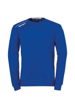 Blauwe sweatshirt van een gladde stof, met lange mouwen, een ronde halslijn en een logo op de linkerschouder.