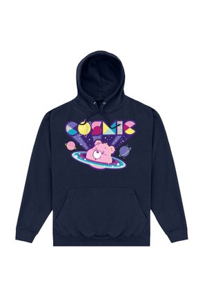 Granatowy hoodie z grafiką różowego misia w kosmicznym stylu, z planetami i kolorowymi geometrycznymi kształtami.
