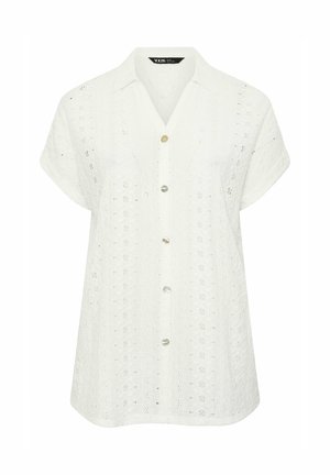 Witte blouse met korte mouwen, geborduurd met een bloemachtig gaatjespatroon, knopen aan de voorkant en opgerolde manchetten.