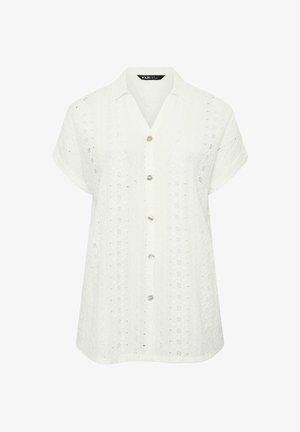 Valkoinen lyhythihainen pusero, jossa on kukallinen rei'itetty kuvio, etuosan napit ja taitetut hihansuut.