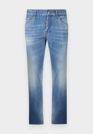 Blue faded slim-fit jeans with button closure, five pockets, and subtle whiskering details on a white background.