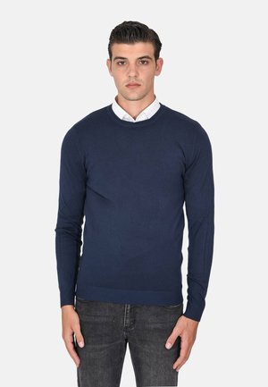 Maglione a maglia blu navy con scollo rotondo e maniche lunghe, dotato di polsini e orlo a coste. Il modello indossa una camicia bianca con colletto sotto.
