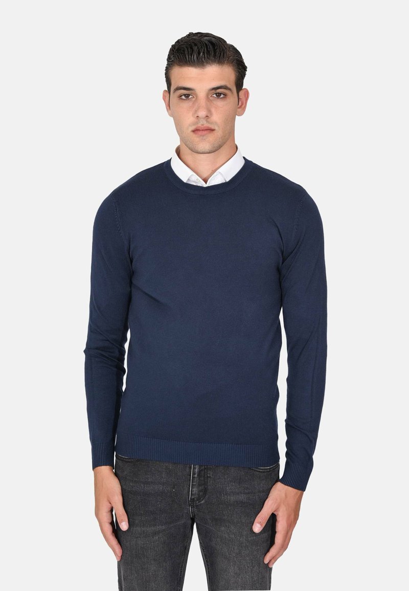 Maglione a maglia blu navy con scollo rotondo e maniche lunghe, dotato di polsini e orlo a coste. Il modello indossa una camicia bianca con colletto sotto.