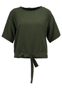 Olive green cropped top made of smooth fabric, features short sleeves and a bow tie at the waist. Round neckline with a back closure.