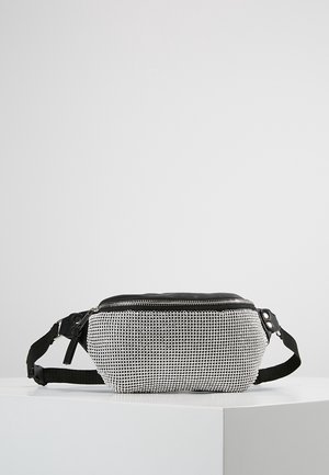 Black and silver rhinestone-studded fanny pack with zipper closure and adjustable black strap displayed on a white surface.