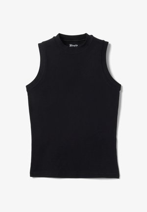 Canotta nera senza maniche con scollo alto e rotondo e etichetta "Utopia" all'interno del colletto.