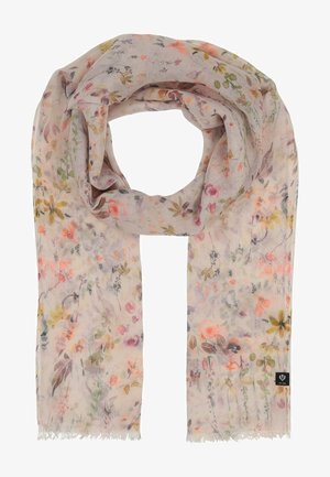 Foulard floral léger avec un fond beige et des fleurs et feuilles pastel. Franges délicates sur les bords et une petite étiquette de marque sont présentes.