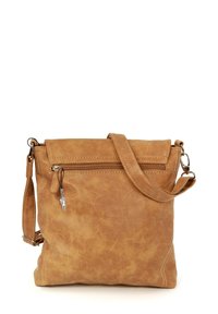 Sac bandoulière en cuir marron avec sangle ajustable, poche avant zippée et détails de couture subtils. Texture lisse et design minimaliste.