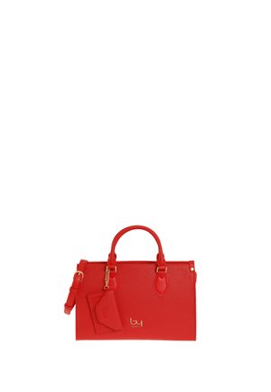 Borsa rossa testurizzata con due manici, tracolla removibile, logo dorato e piccola pochette abbinata e portacarte annessi.