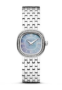 Silver-tone wristwatch with a rounded rectangular face, gradient blue dial, Roman numerals, and a crystal-accented bezel. Metal link bracelet.