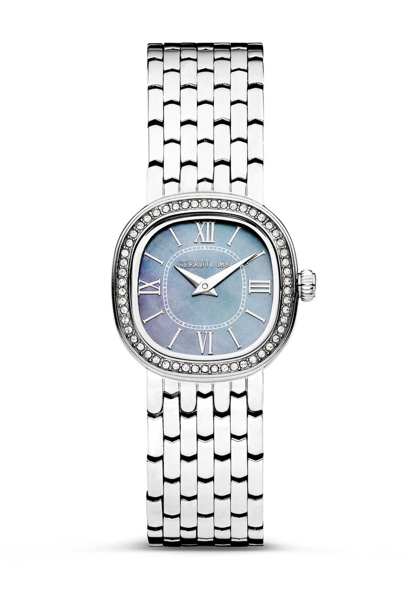 Silver-tone wristwatch with a rounded rectangular face, gradient blue dial, Roman numerals, and a crystal-accented bezel. Metal link bracelet.