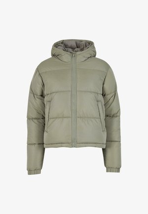 Grüne Pufferjacke mit Reißverschluss, Kapuze und gerippten Bündchen. Gep quiltetes Design mit verkürztem Schnitt und weicher Textur.