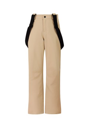 Beige broek met wijde pijpen en vastgemaakte zwarte bretels tegen een witte achtergrond.