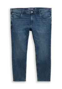 Dunkelblaue Jeans aus Denim mit geradem Bein, ausgestattet mit einem Knopfverschluss, fünf Taschen und sanften Ausbleichungen. Klassisches Steppnaht-Detail.