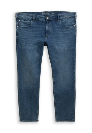 Dunkelblaue Jeans aus Denim mit geradem Bein, ausgestattet mit einem Knopfverschluss, fünf Taschen und sanften Ausbleichungen. Klassisches Steppnaht-Detail.